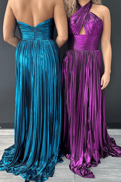 A-Line Pleated Metallic Sleeveless Long Formal Dress