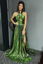 A-Line Pleated Metallic Sleeveless Long Formal Dress