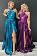 A-Line Pleated Metallic Sleeveless Halter Neck Long Formal Dress, Slit