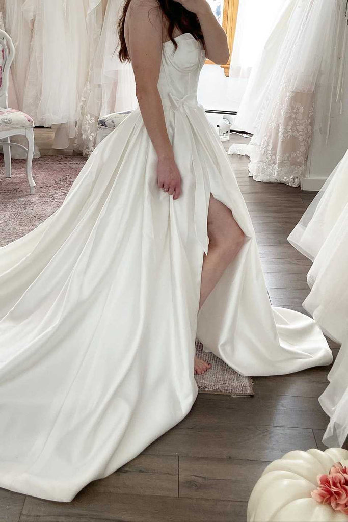 empire waist satin wedding dress Square Satin A-Line Empire Sleeveless Long Wedding Dress Ivory / US 14