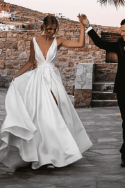 A-Line V-Neck Sleeveless Satin Side Slit Beach Wedding Dress with Belt