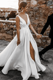 A-Line V-Neck Sleeveless Satin Side Slit Beach Wedding Dress with Belt