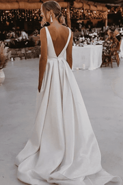 A-Line V-Neck Sleeveless Satin Side Slit Beach Wedding Dress with Belt