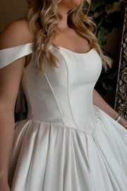 Off-Shoulder Scoop A-Line Pleated Satin Long Wedding Dress