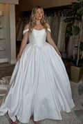 Off-Shoulder Scoop Ball Gown Pleated Satin Long Wedding Dress