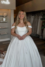 Off-Shoulder Scoop A-Line Pleated Satin Long Wedding Dress