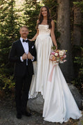 A-Line Strapless Pleated Long Sweep Satin Beach Wedding Dress