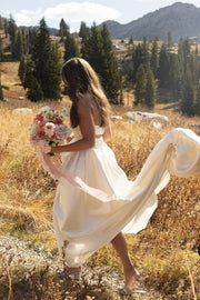 A-Line Strapless Pleated Scoop Neck Long Beach Wedding Dress