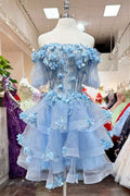 A-Line Off Shoulder Ruffles Lace Appliques Short Homecoming Dress
