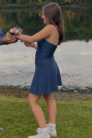 A-Line Strapless Scoop Neck Pleats Satin Short Homecoming Dress