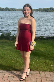 A-Line Strapless Scoop Neck Pleats Satin Short Homecoming Dress