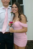 Vestido corto rosa ajustado de fiesta y bienvenida, con hombros descubiertos, plisado y escote corazón