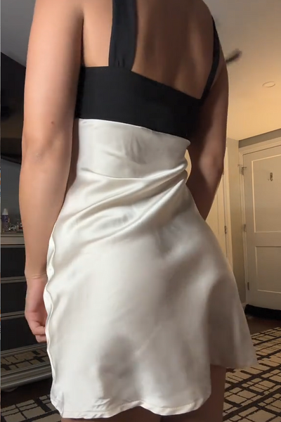 Black and White Straps V-Neck Satin Sleeveless Mini Party Dress