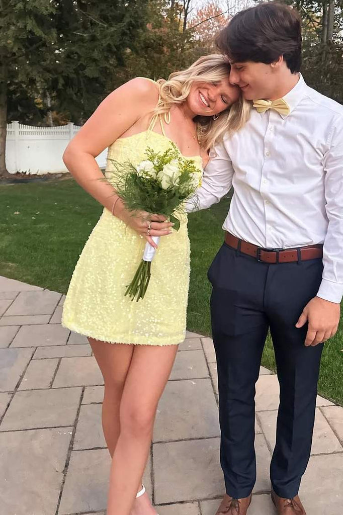 Yellow Satin Straps Glitter A-Line Sleeveless Short Homecoming Dress Yellow Satin Straps Glitter A-Line Sleeveless Short Homecoming Dress