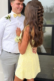 Yellow Spaghetti Straps Glitter A-Line Sleeveless Short Homecoming Dress