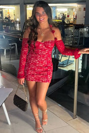 Red Halter Lace Tight with Sleeves Mini Homecoming Party Dress
