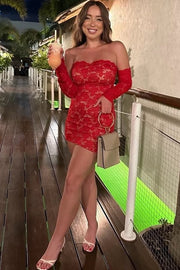 Red Strapless Lace Appliques Tight Homecoming Party Dress with Sleeves