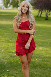 Red Strapless Sweetheart Lace Sleeveless Mini Party Homecoming Dress