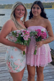 Pink A-Line Strapless Sequins Short Layered Homecoming Dress