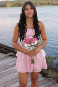 Pink A-Line Strapless Sequins Short Layered Homecoming Dress
