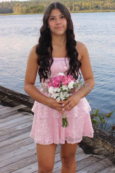 Pink A-Line Strapless Sequins Short Layered Homecoming Dress