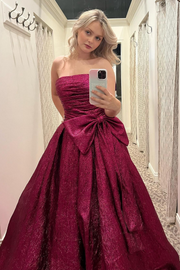 Strapless A-Line Pleated Scoop Sleeveless Long Dress with Bow
