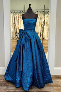 Strapless A-Line Pleated Scoop Sleeveless Long Prom Dress, Bow