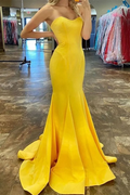 Strapless Pleated Satin Sleeveless Long Ssweep Formal Prom Dress