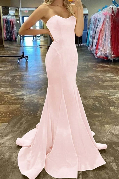 Strapless Pleated Satin Sleeveless Long Formal Prom Dress