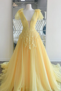 Yellow Plunging A-Line Lace V Back Pleated Tulle Long Prom Dress