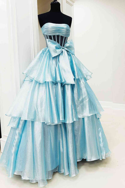 A-Line Strapless Empire-Waist Tiered Sleeveless Long Dress with Bow