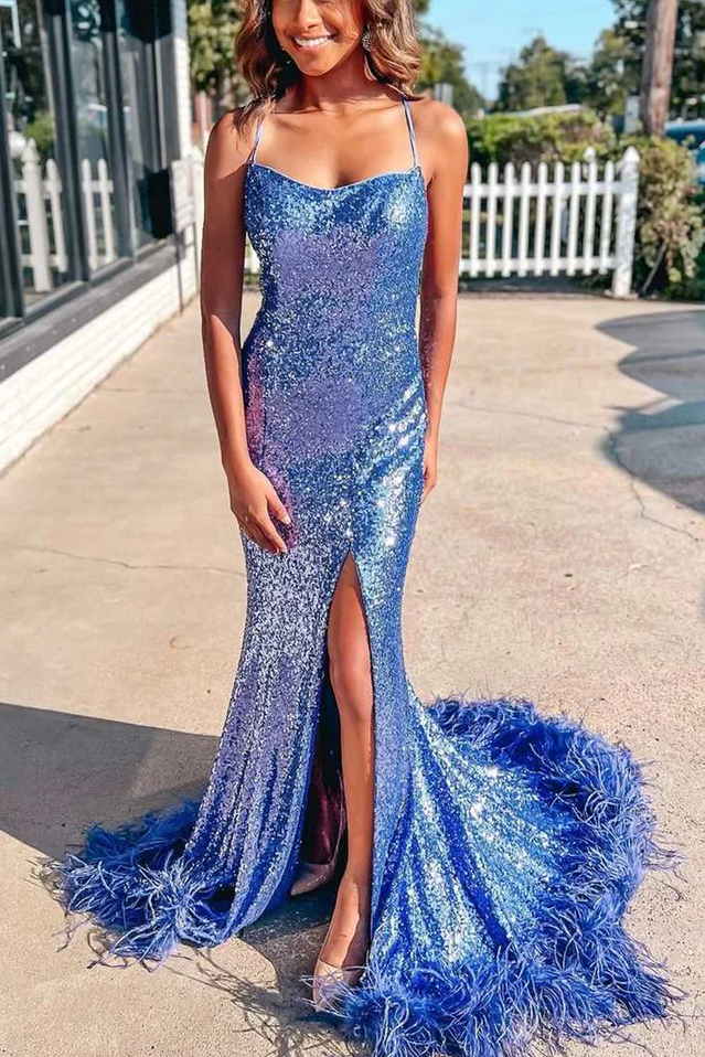 Blue Sequined Spaghetti Straps Side Slit Long Prom Dress, Feathers