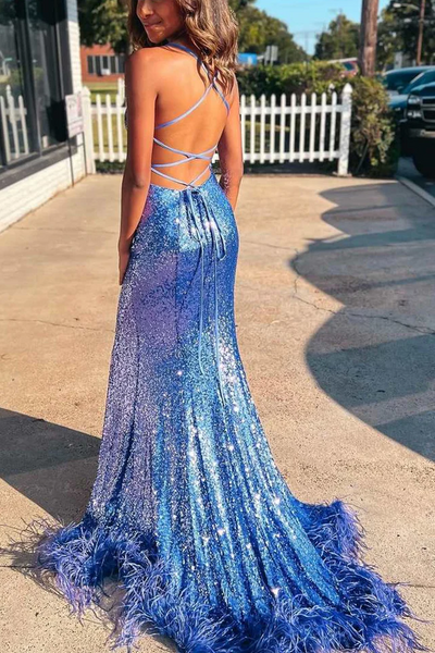 Sequined Spaghetti Straps Side Slit Long Prom Dress with Feathers
