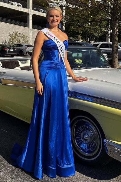 Strapless A-Line Empire-Waist Satin Pleated Keyhole Prom Formal Dress