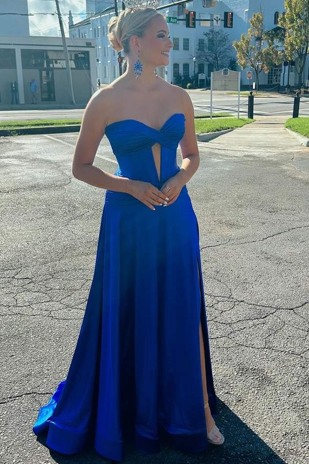 Strapless A-Line Satin Pleated Keyhole Long Sweep Prom Formal Dress
