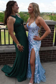 V-Neck Appliques Sleeveless Formal Prom Dress with Slit