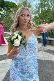 V-Neck Appliques Sleeveless Formal Prom Dress with Slit