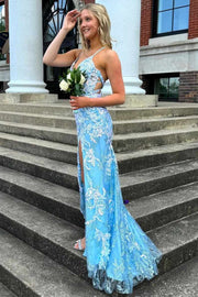 V-Neck Appliques Sleeveless Formal Prom Dress with Slit