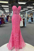 Pink Sweetheart Strapless Lace Satin Mermaid Prom Dress