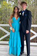 Spaghetti Straps V-Neck Sleeveless Tiered Chiffon Prom Party Dress