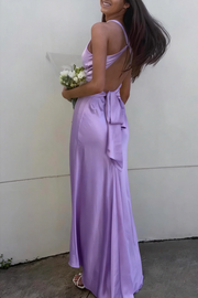 Halter V-Neck Pleated Satin Sleeveless Long Prom Party Dress
