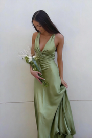 Halter V-Neck Pleated Satin Sleeveless Long Prom Party Dress