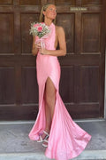 Pink Halter Mermaid Satin Pleated Sleeveless Long Prom Dress, Slit