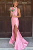 Pink Halter Mermaid Satin Pleated Sleeveless Long Prom Dress, Slit
