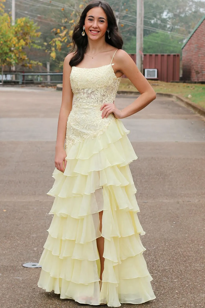 Yellow Spaghetti Straps Lace A-Line Layered Chiffon Prom Dress, Slit