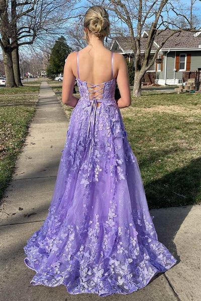 Spaghetti Straps A-Line 3D Floral Sleeveless Long Prom Dress