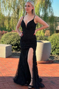 Black Spaghetti Straps V-Neck Lace Mermaid Prom Dress, Slit