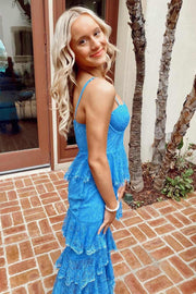 Sleeveless Lace Layered Column Formal Prom Dress with Slit