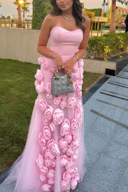 Pink Strapless A-Line 3D Flower Side Slit Long Formal Dress