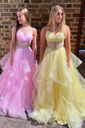 Spaghetti Straps A-Line V-Neck Ruffles Tulle Long Prom Dress
